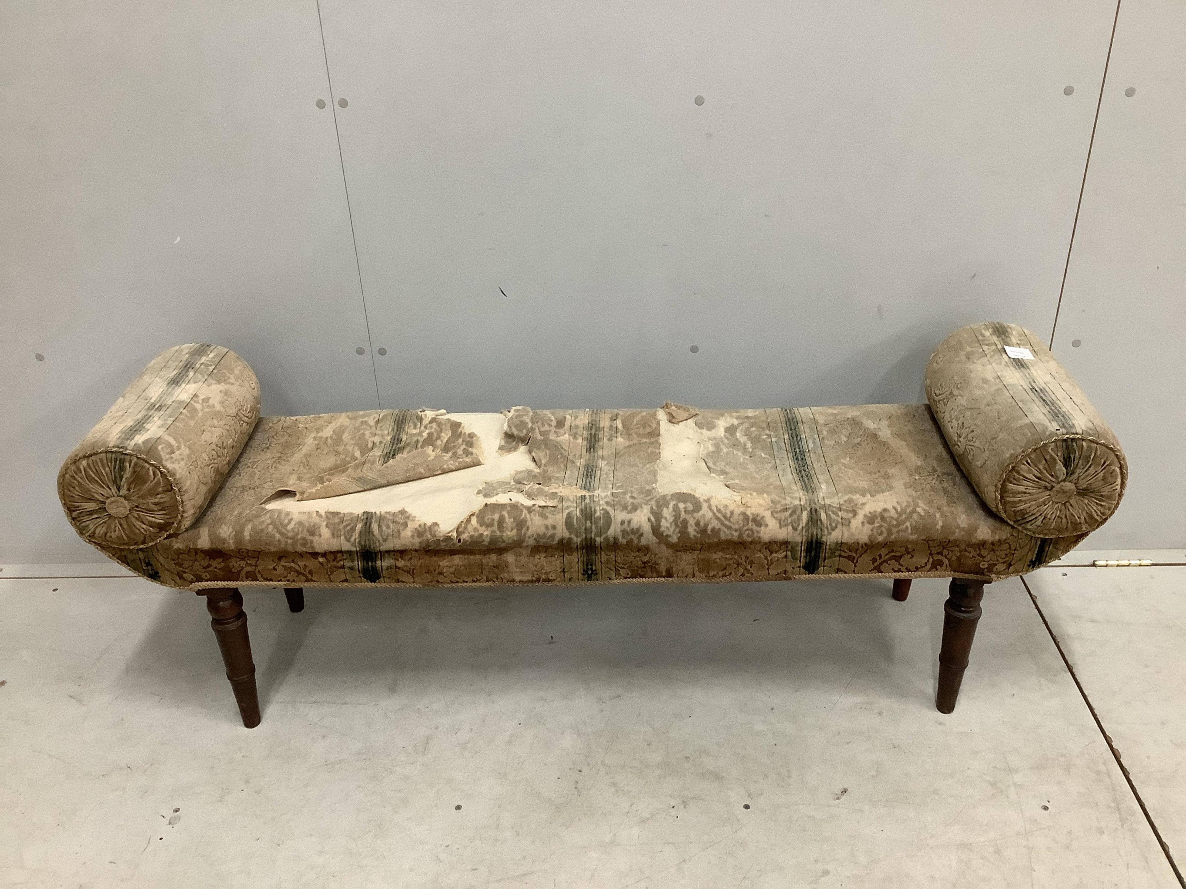 A Victorian upholstered window seat, width 150cm, depth 37cm, height 54cm. Condition - fair, upholstery poor